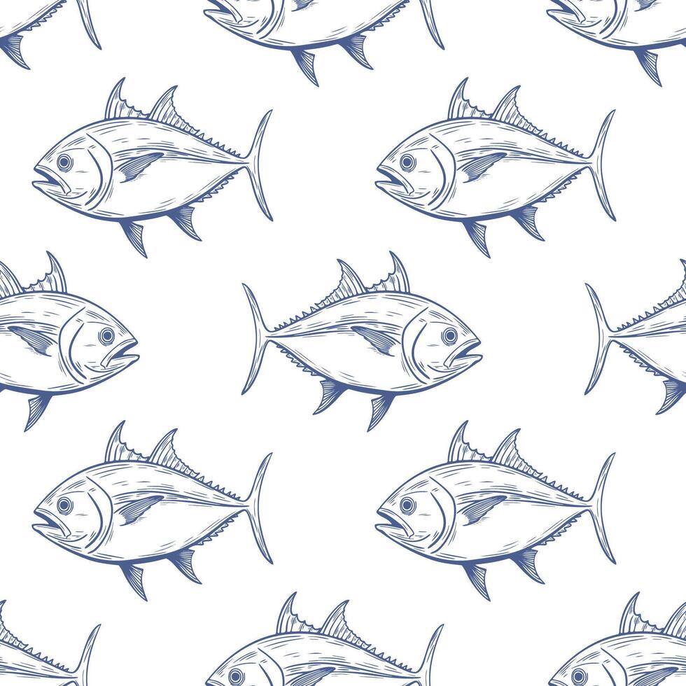 Seamless pattern, tuna fish, line pattern, blue on white background. Packaging, wrapping, background. vector