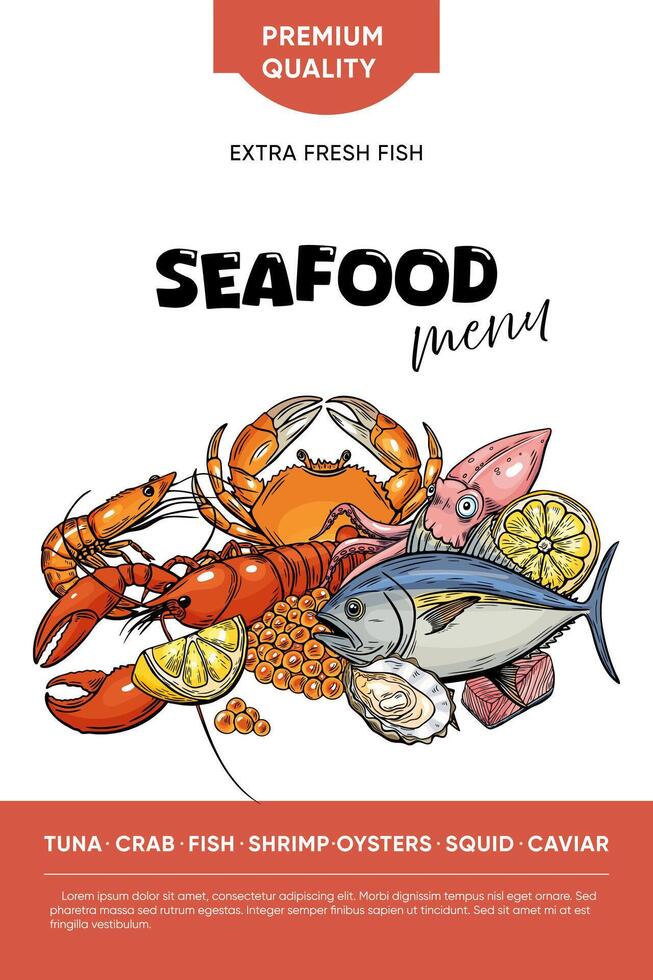 Seafood, poster, packaging, announcement. Line drawing engraving , Hand drawn food. vector