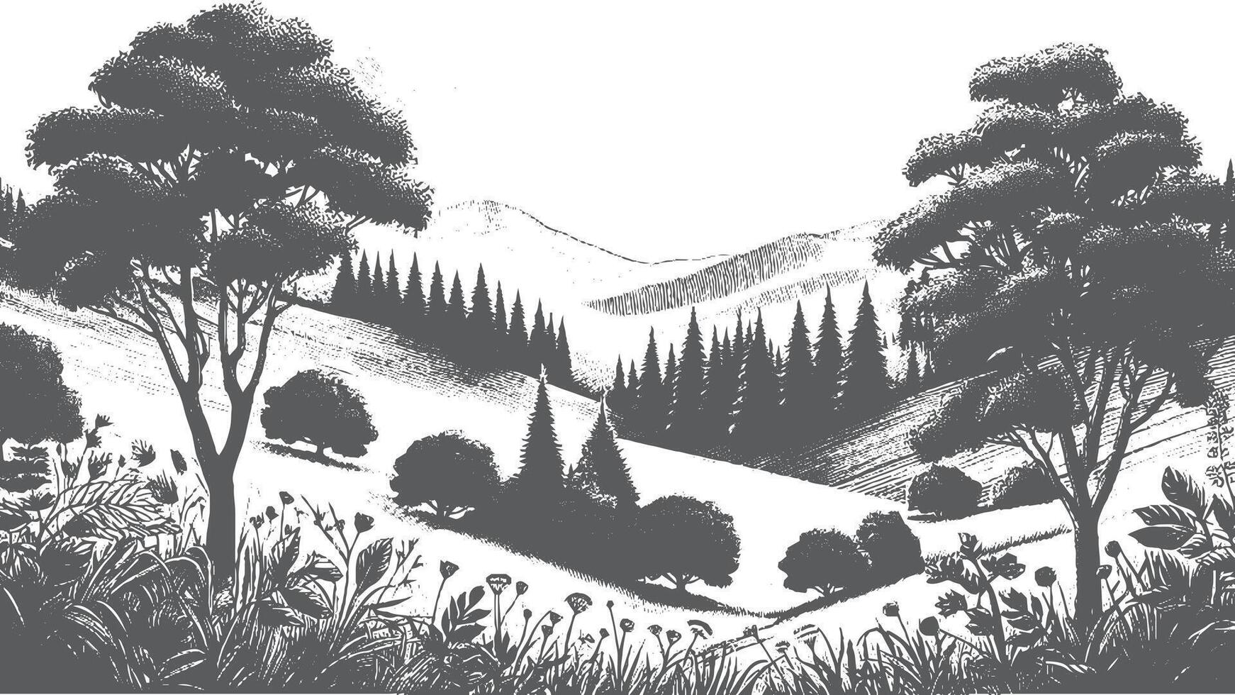 A black and white drawing of a mountain landscape vector