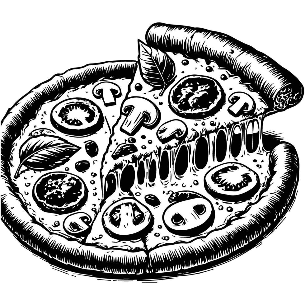 A black and white drawing of a slice of pizza vector