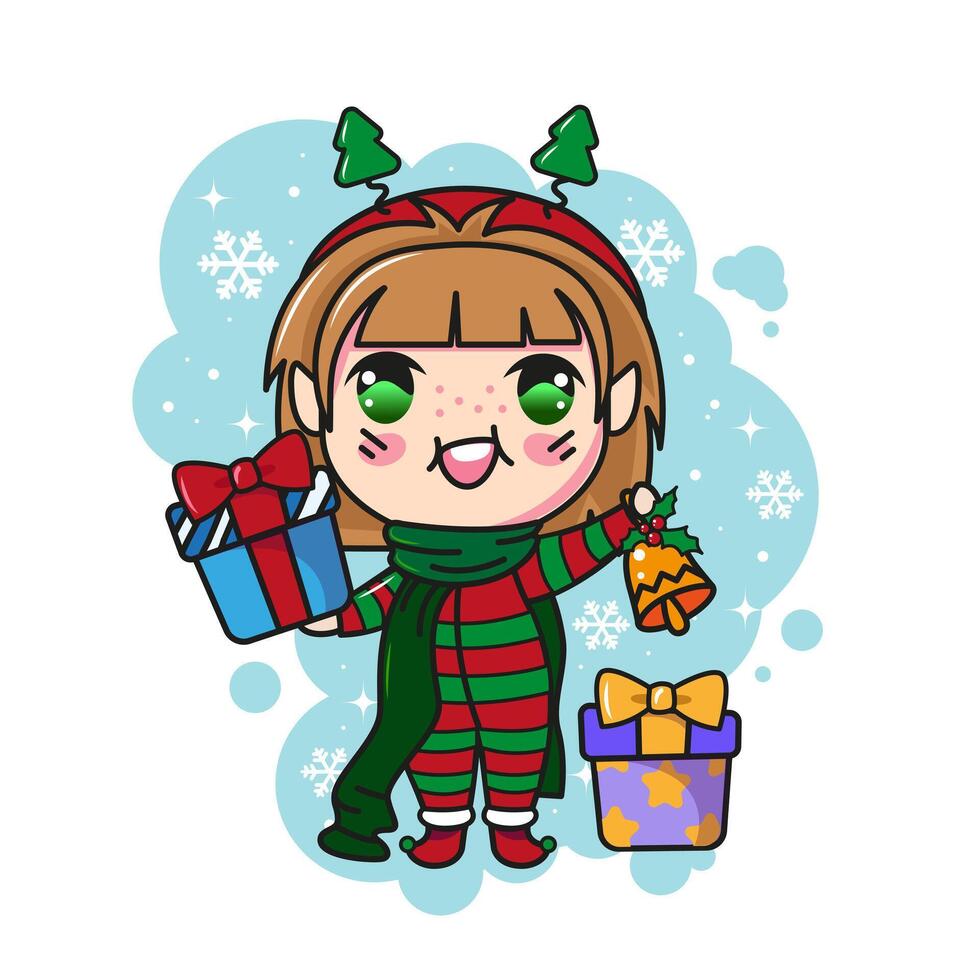 Cute Christmas elf with presents. Cartoon kawaii Christmas characters vector