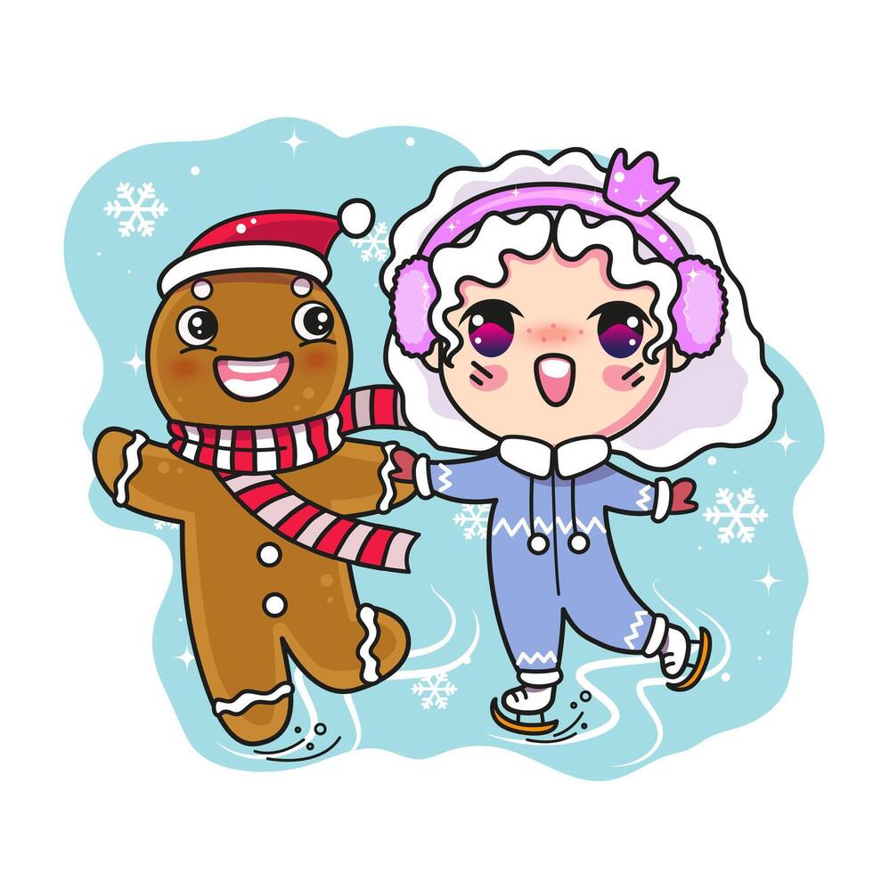 Cute Christmas illustration. Ginger man with elf skating. Kawaii Christmas design vector