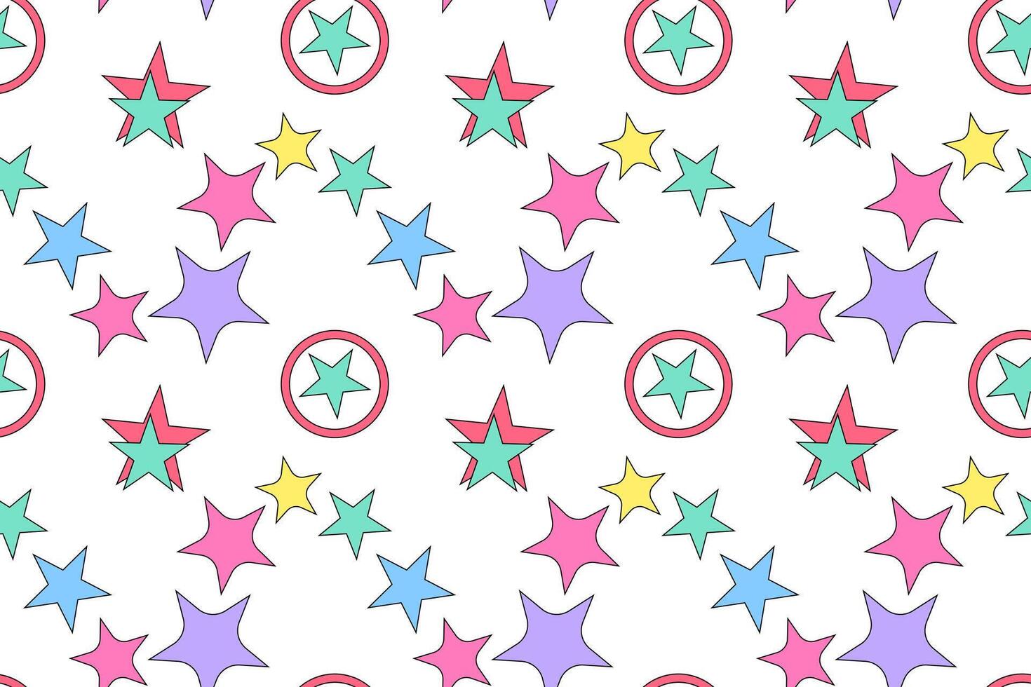 A seamless pattern featuring colorful stars and stars within circles on a white background, ideal for festive designs. vector