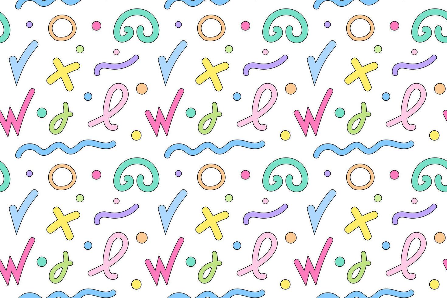 A seamless pattern featuring abstract colorful shapes, squiggles, and symbols in vibrant pastel tones. vector