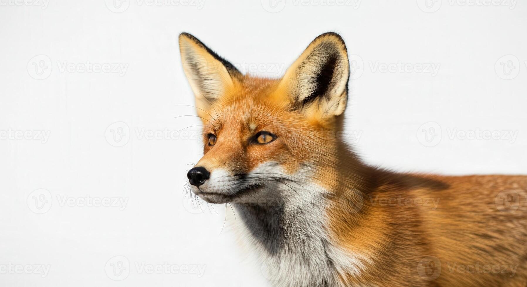 Close-up portrait of a red fox against a white background for wildlife photography and education photo