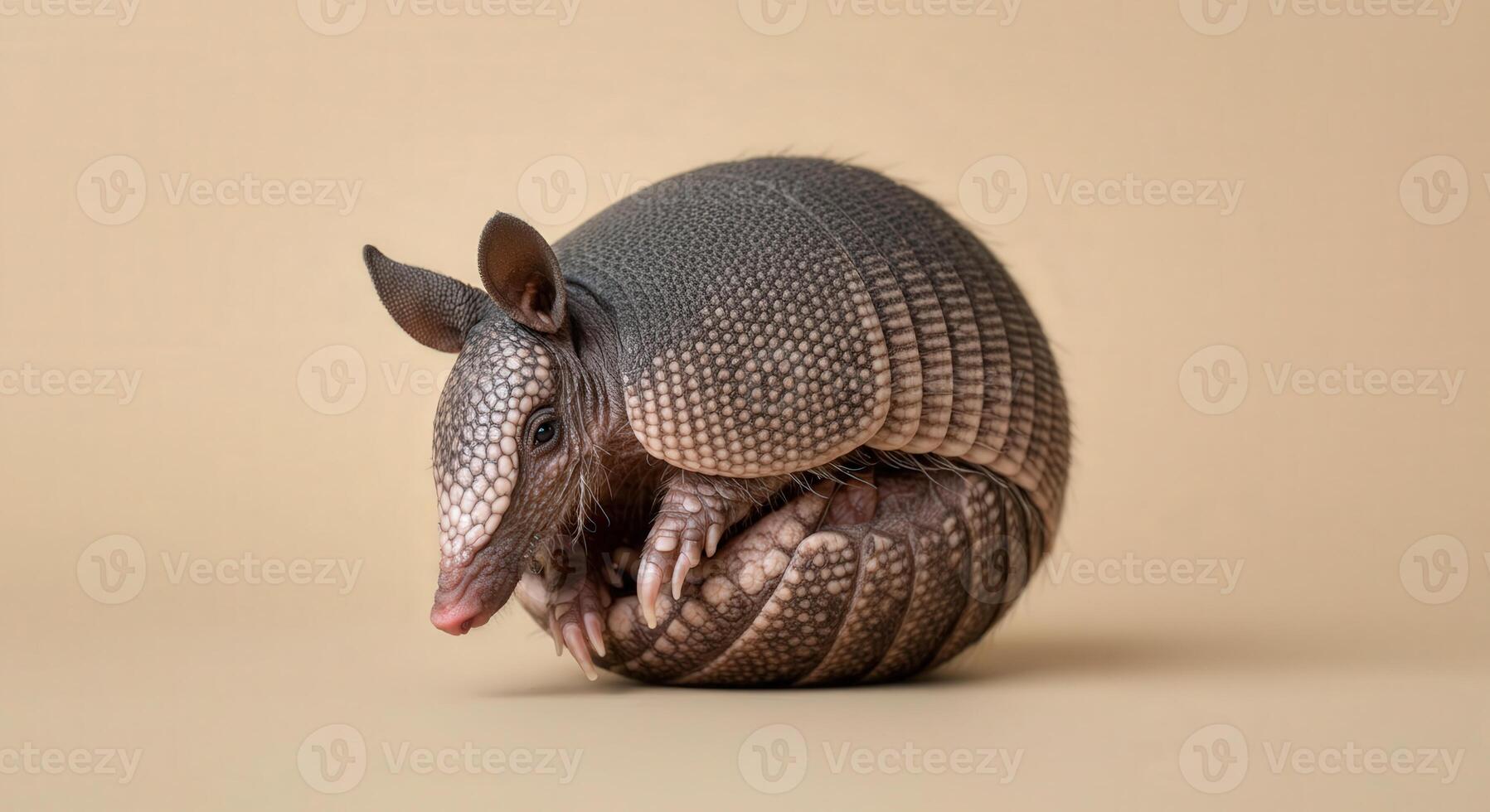 Armadillo in rest mode against beige background for wildlife photography and nature studies photo