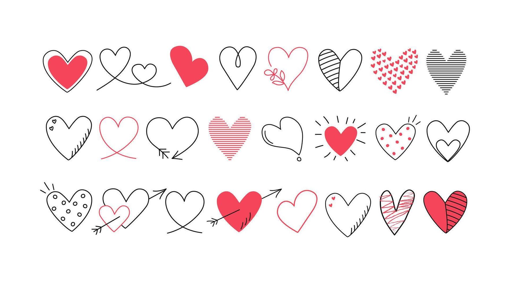 Set of doodle hearts, drawing. Valentine's day design, wedding decor. Hand drawn linear icons. Background isolated. vector