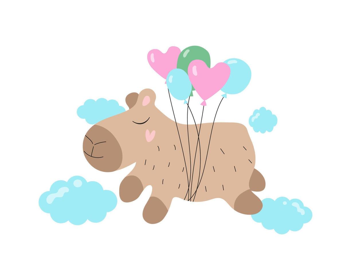 Funny happy cartoon capybara with balloons flies in the clouds. Animal, holiday, birthday, Valentine's Day. Heart shape. vector