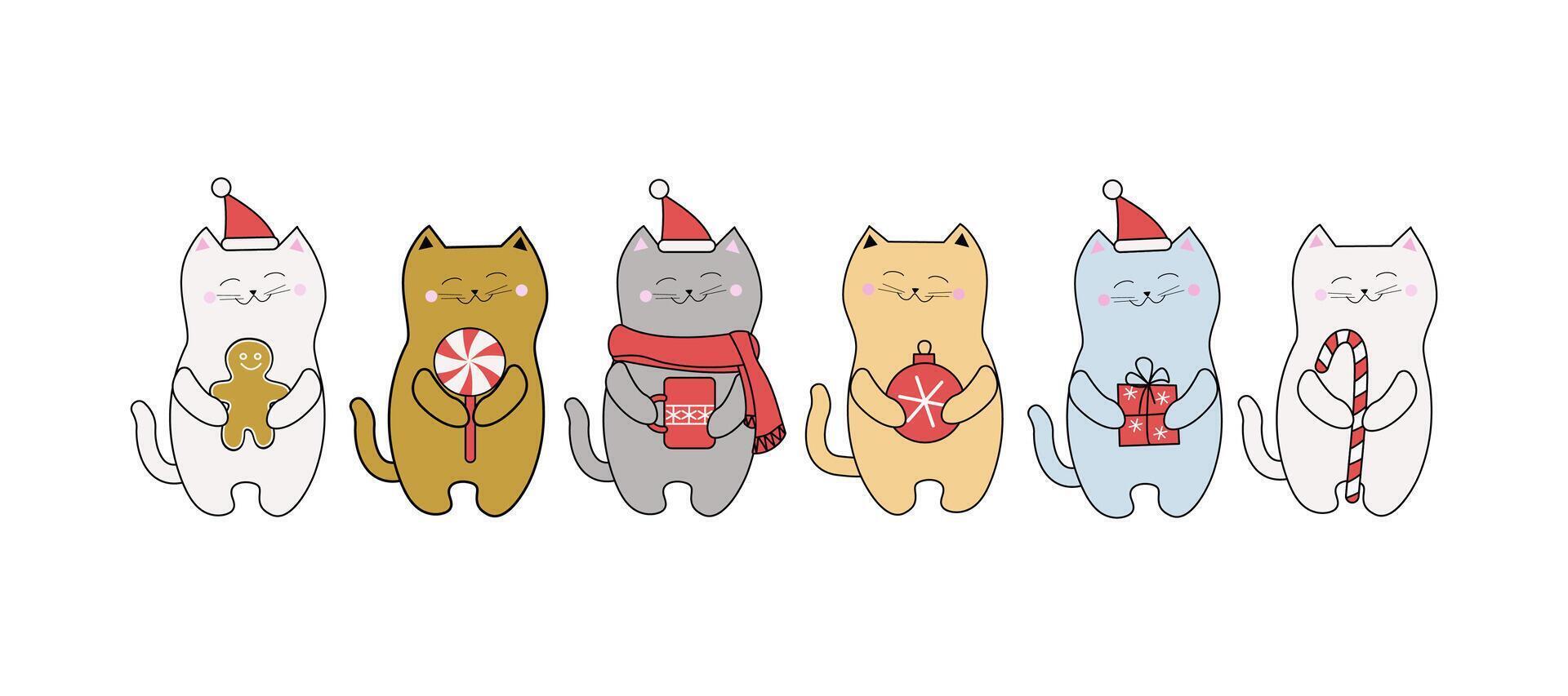 Kittens in Santa hats with sweets. Lollipops, gingerbread man and Christmas ball. Christmas, New Year. Festive attributes. Cartoon cat icons. vector