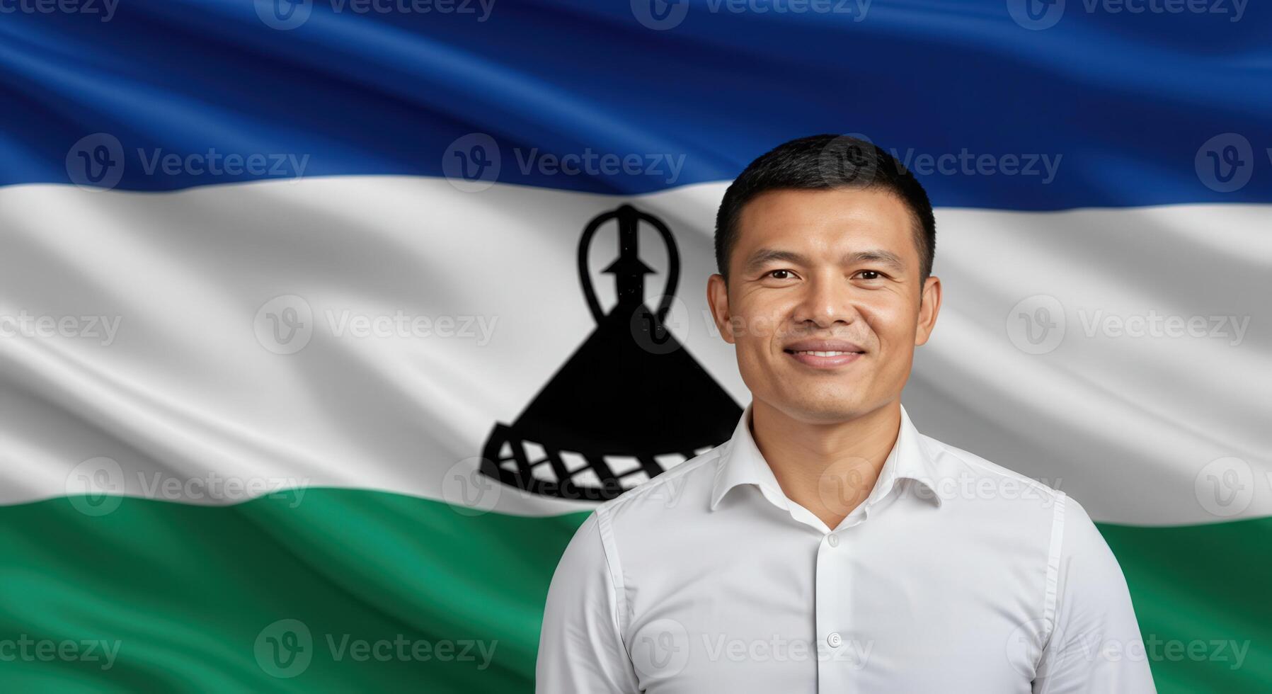Confident professional with lesotho flag background for business profile design photo