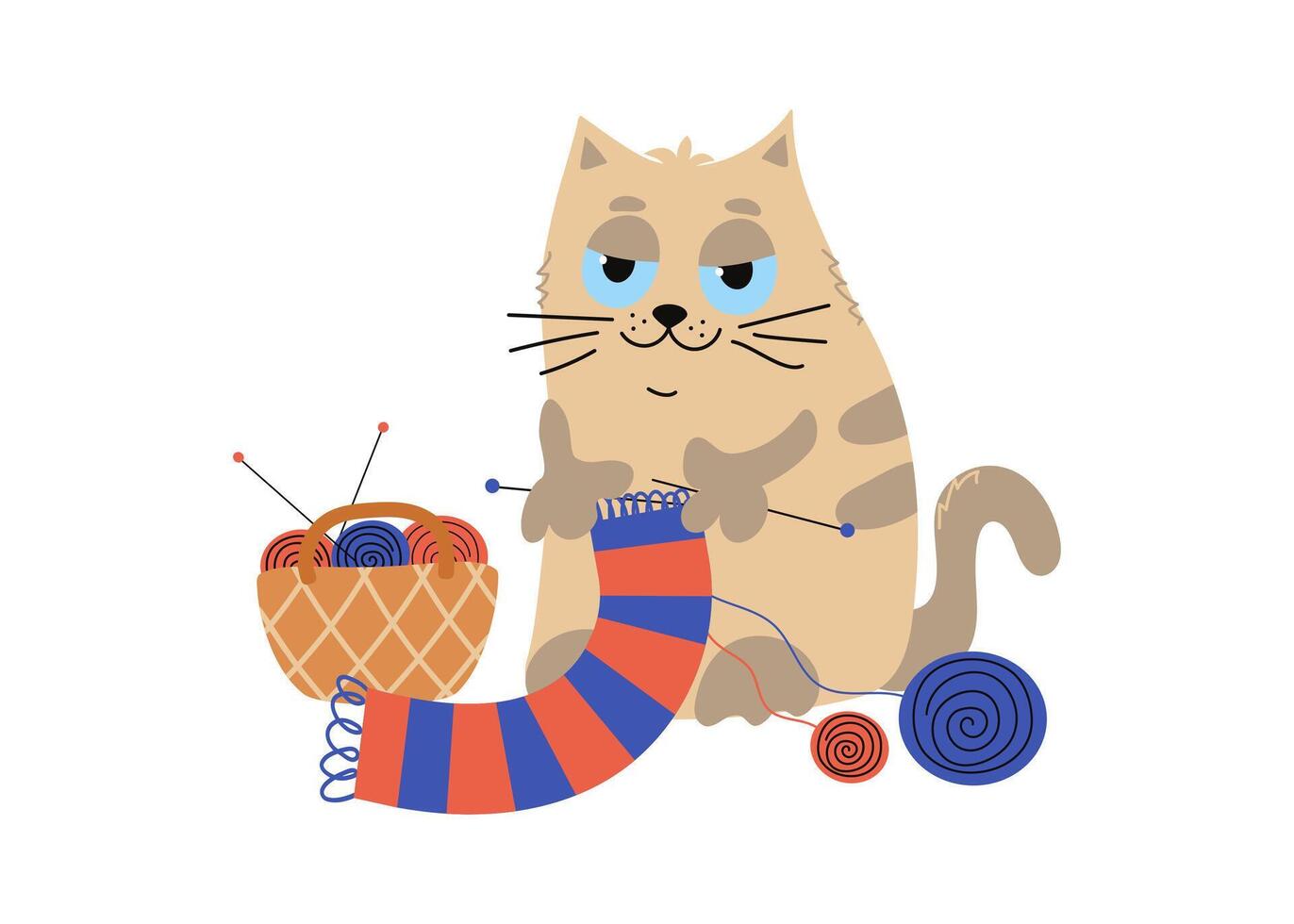 Cartoon cute cat knits a scarf. Handmade, hobby. Knitting, knitting needles, basket with threads, skeins of yarn. Warm knitted scarf, clothes. White isolated background. vector