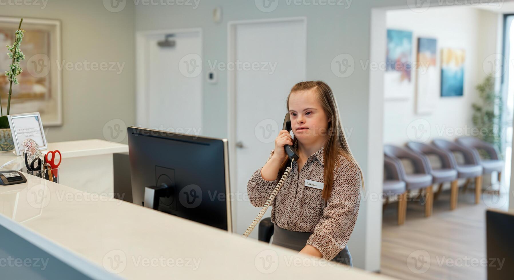 Professional receptionist in office setting emphasizing diversity and digital communication photo