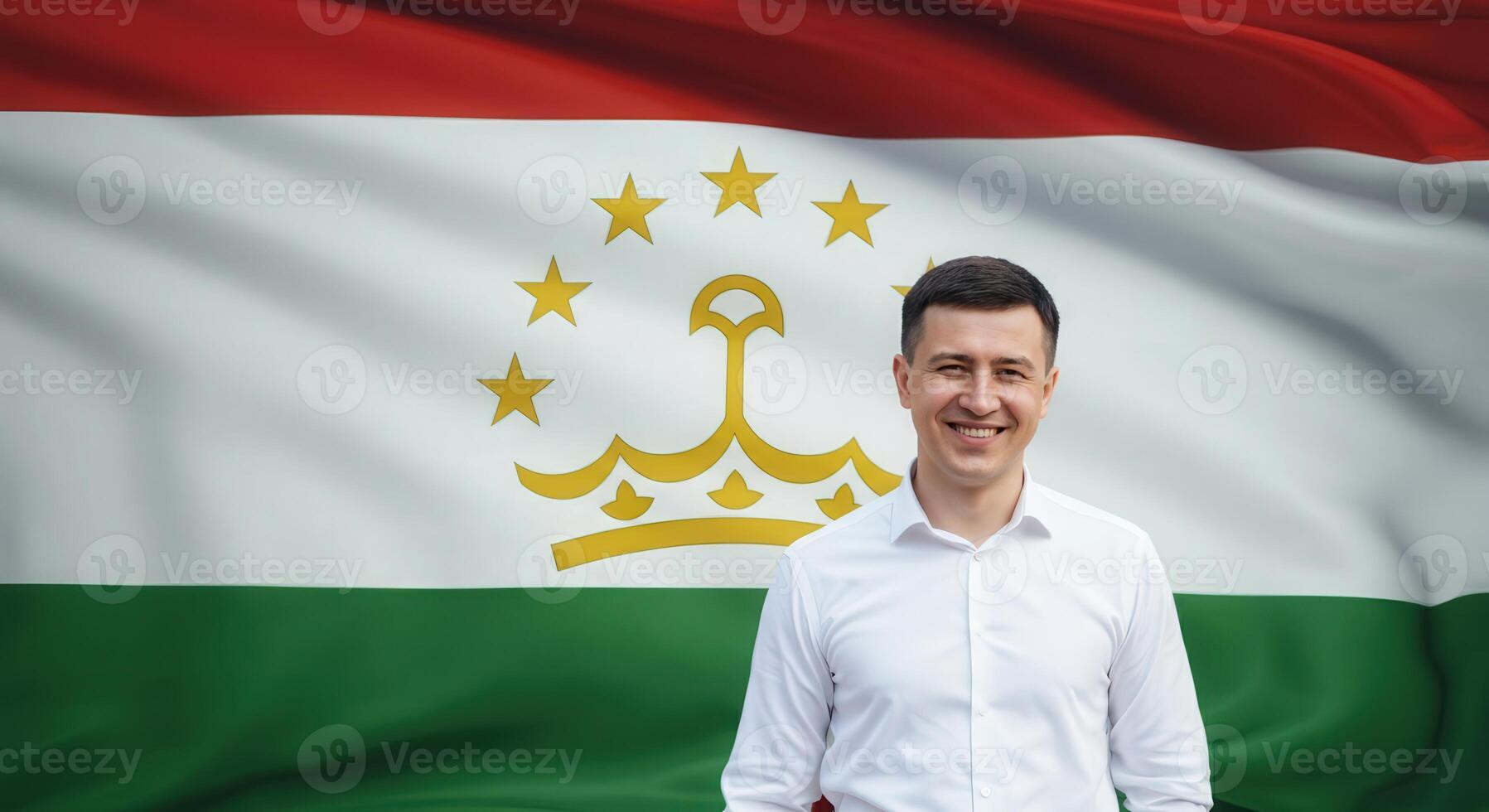 National pride and smiling man in front of tajikistan flag for cultural and social projects photo