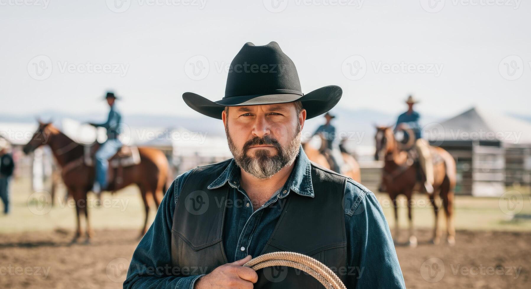 Cowboy at rodeo event with lasso and horses in background, western culture photography photo