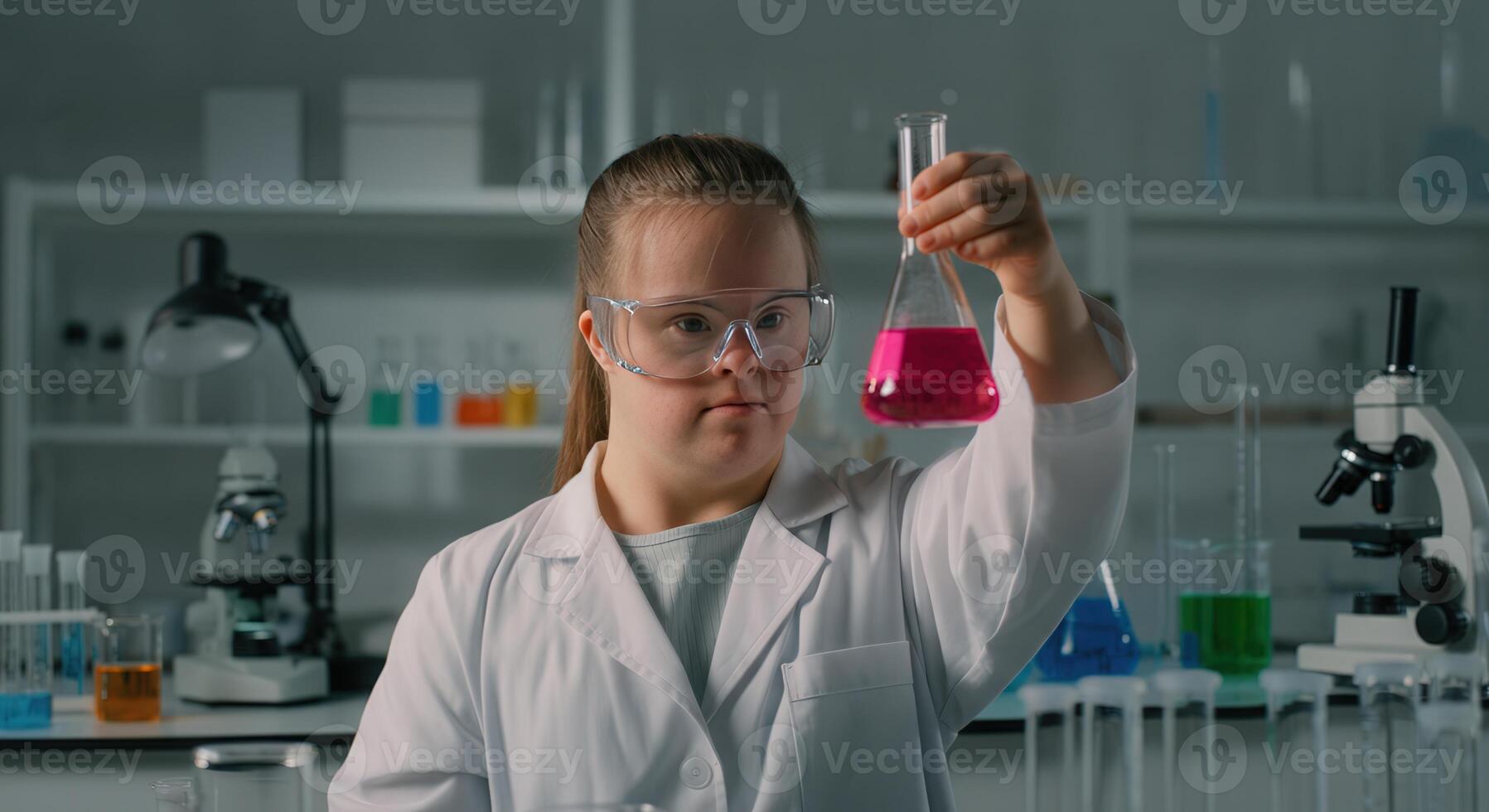 Young scientist in laboratory conducting chemistry experiment with precision and focus for educational and scientific studies photo