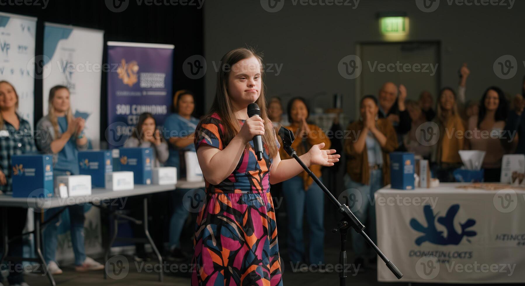 Empowerment and inclusivity. young woman with microphone at community event photo