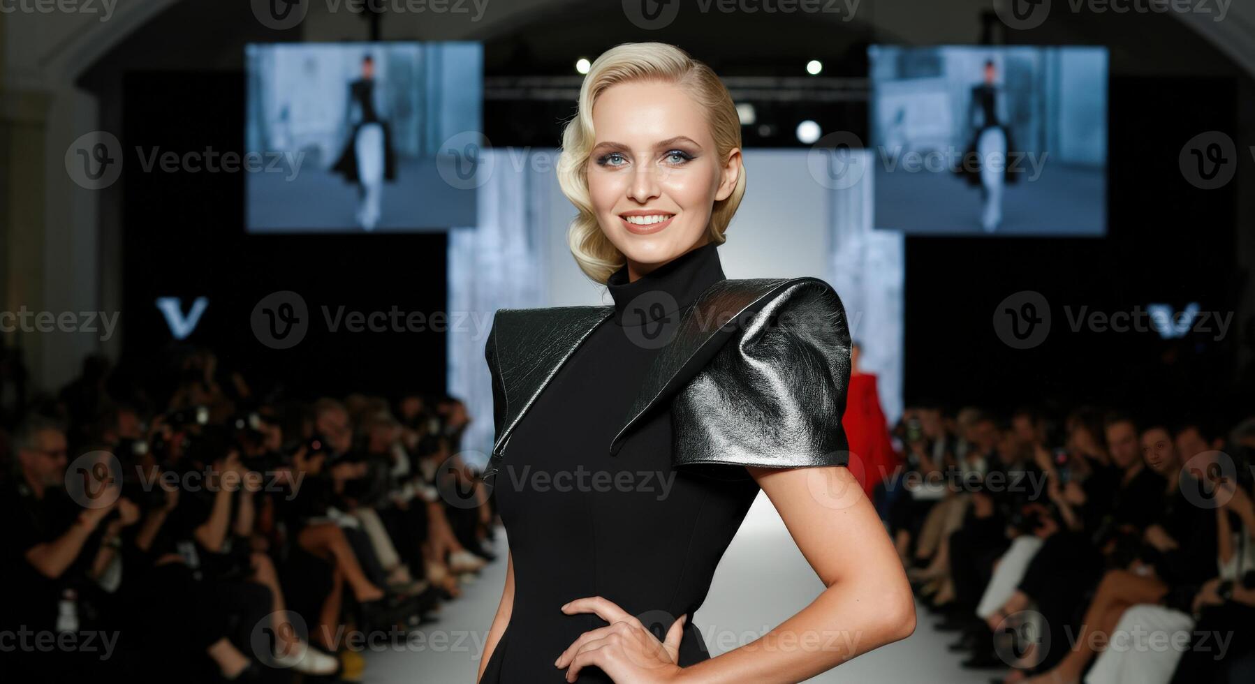 Fashion model on runway at high-end fashion show with innovative design photo