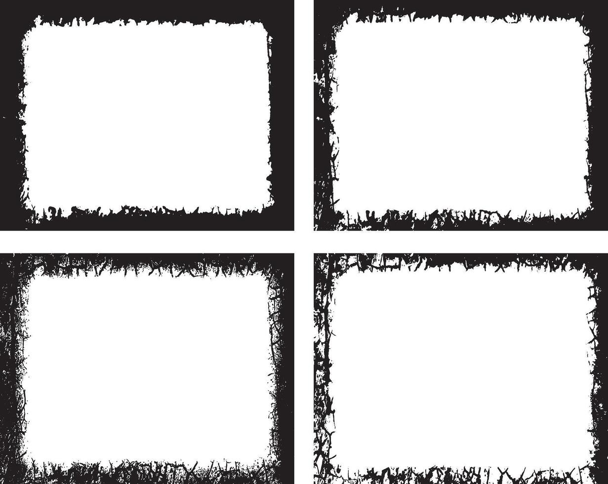 Dynamic Collection of Intricate Grunge Border Designs, Featuring Four Unique Rectangular Frames with Distressed Textures, Including Cracks, Splats, vector