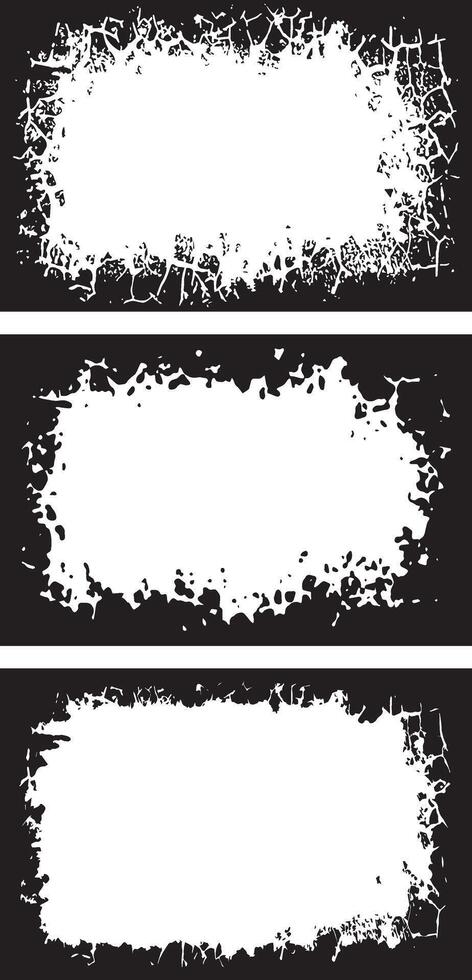 Set of Dynamic Grunge Photo Frame Trio Rough-Edged, grunge Splatter-Patterned Borders for Edgy and Artistic Visual Displays vector