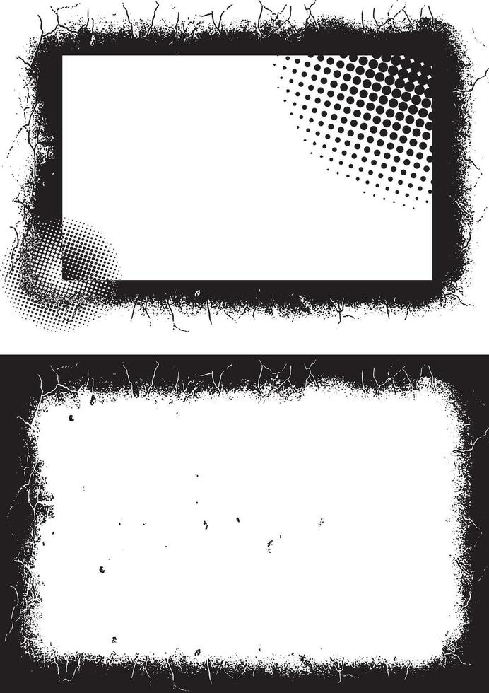 Grunge Photo Frame Duo Distressed Black Borders with Irregular Edges and Halftone Dot Interiors for Edgy and Artistic Visual Displays vector