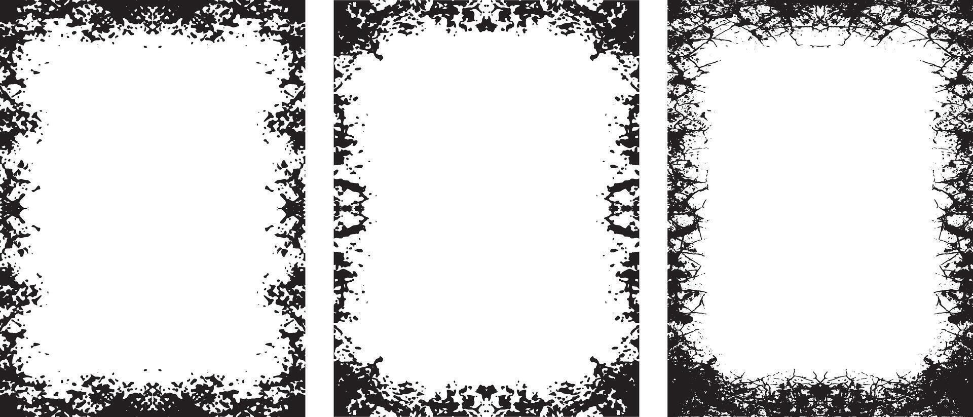three black and white frames with floral designs, Three Collection of Edgy Grunge Frame Designs, Featuring Three Rectangular Frames with Intricate, Symmetrical Black Patterns and Abstract, vector