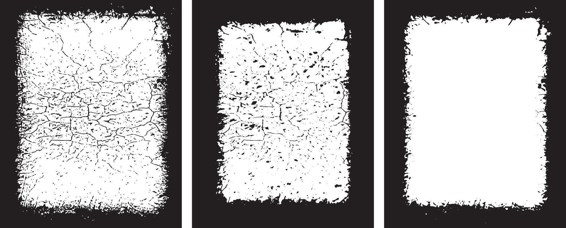 Dynamic Collection of Edgy Grunge Frame Designs, Featuring Three Rectangular Frames with Intricate, Symmetrical Black Patterns and Abstract, Splattered Borders for Artistic and Unique Visual Displays vector