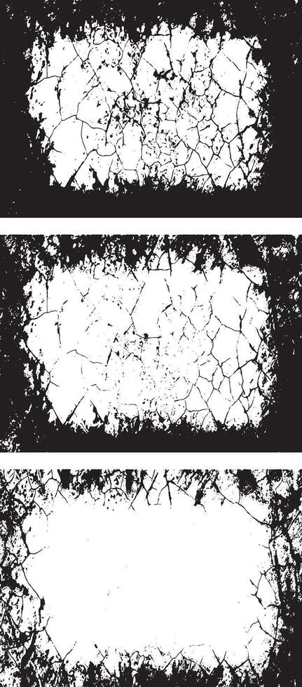 three black and white grunge frames with cracks, Three Collection of Edgy Grunge Frame Designs, Featuring Three Rectangular Frames with Intricate, Symmetrical Black Patterns and Abstract, vector