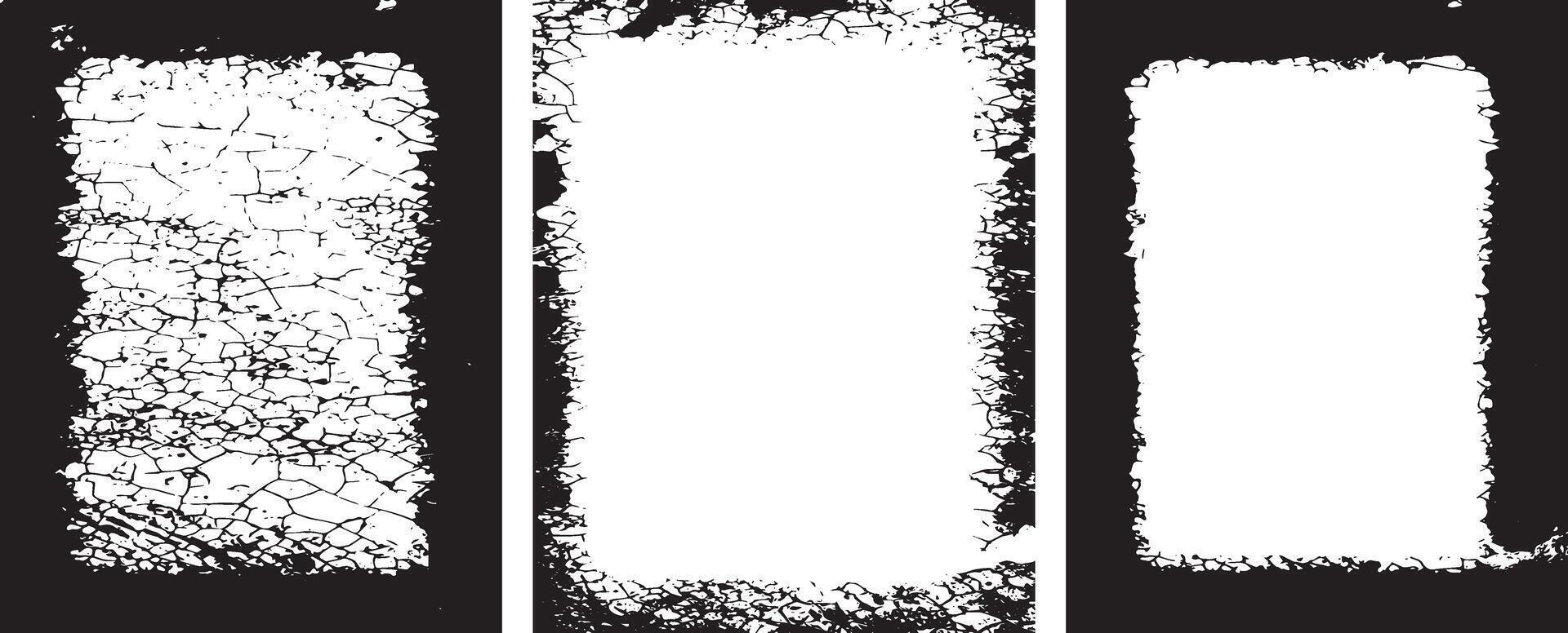 Dynamic Collection of Edgy Grunge Frame Designs, Featuring Three Rectangular Frames with Intricate, Symmetrical Black Patterns and Abstract, Splattered Borders for Artistic and Unique Visual Displays vector