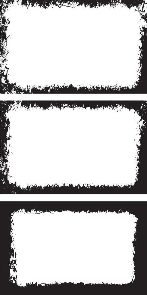 Edgy and Distressed Grunge Frame Collection, Featuring Three Rectangular Frames with Rough, Splattered Borders and White Centers for Artistic and Dynamic Visual Displays vector