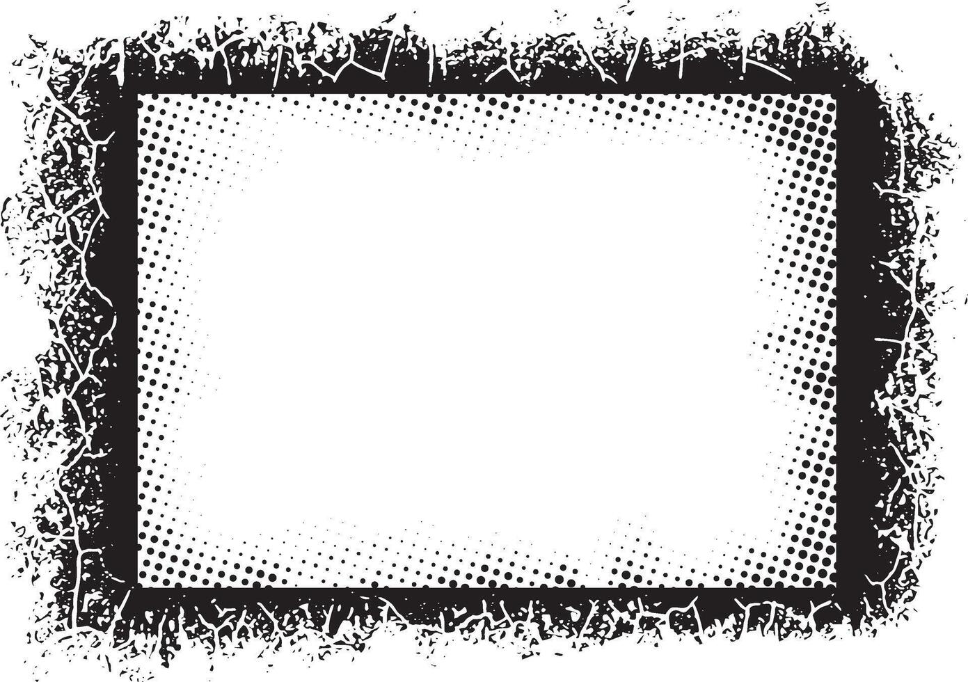 A Dynamic effect of Edgy Grunge Frame Designs, Featuring Intricate Patterns, Jagged Borders, and a High-Contrast Black and White Dot Gradient for Artistic and Unique Visual Displays vector