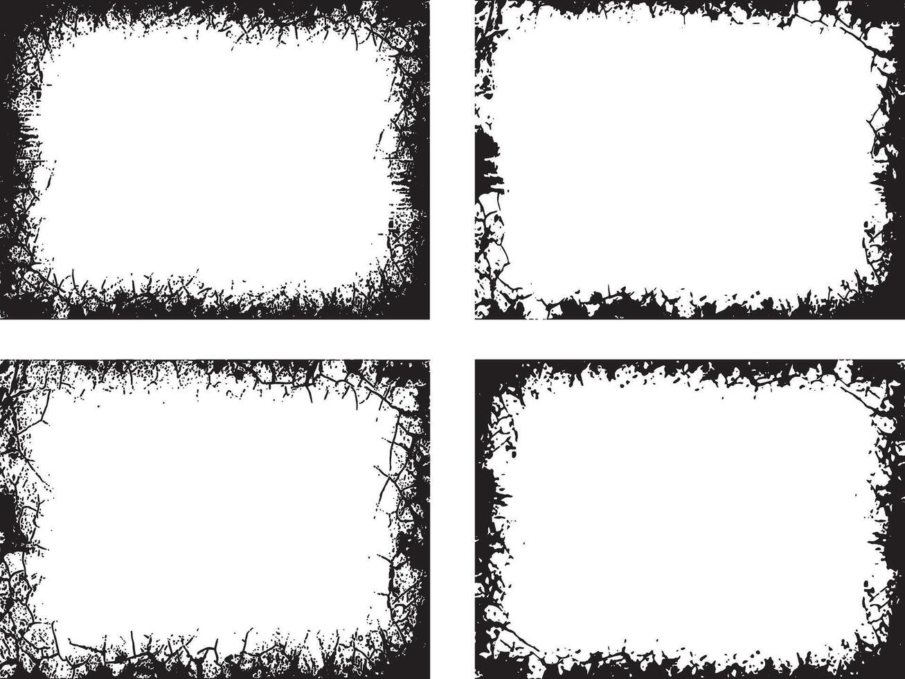 Intricately Distressed Grunge Frame Design A Collection of Four Rectangular Frames with Cracked and Splattered Black Borders in a Dynamic 2x2 Layout for Edgy and Artistic Visual Projects vector