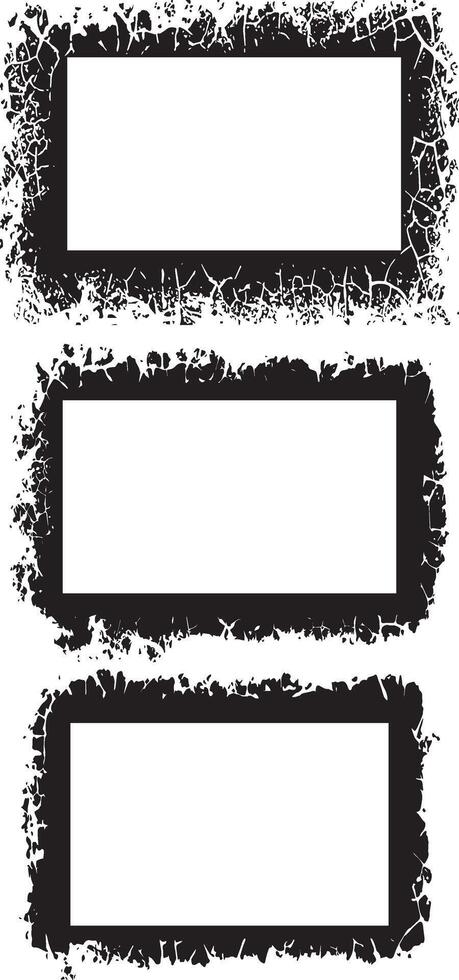 Set of Dynamic Grunge Photo Frame Trio Rough-Edged, grunge Splatter-Patterned Borders for Edgy and Artistic Visual Displays vector
