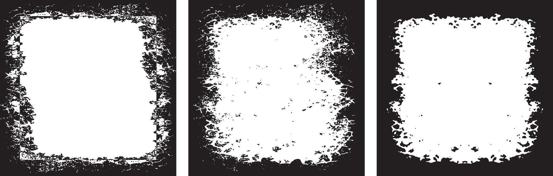 The displays a collection of three rectangular frames with a grunge design. Each frame has a unique distressed border, characterized by rough, cracked, and splattered textures. vector