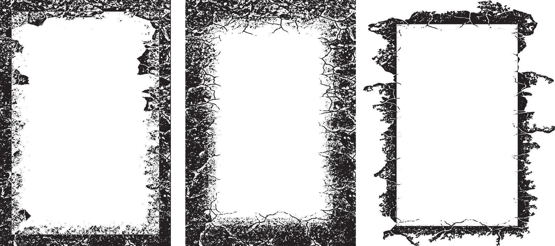 Three Distinct Grunge-Style Rectangular Frames with Intricately Cracked and Weathered Borders A Comprehensive Collection of Textured, Edgy Frames for Artistic and Graphic Design Projects, vector