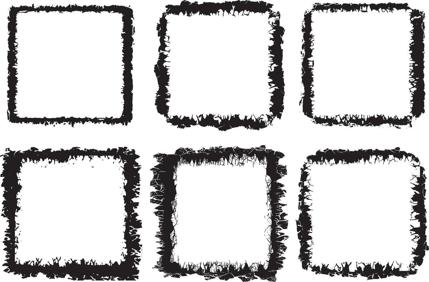 Grunge-Inspired Photo Frame Collection Trio of Unique Square Frames with Distressed and Textured Black Borders for Artistic and Edgy Visual Displays vector