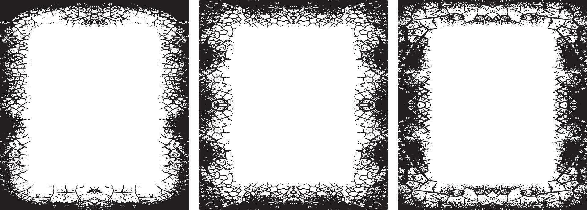 Vintage Unique Grunge-Style Photo Frames set, Distressed Borders with Various Shapes Including Rectangles with Rounded, Beveled, Notched Corners, and Oval Designs for Vintage-Themed Projects vector