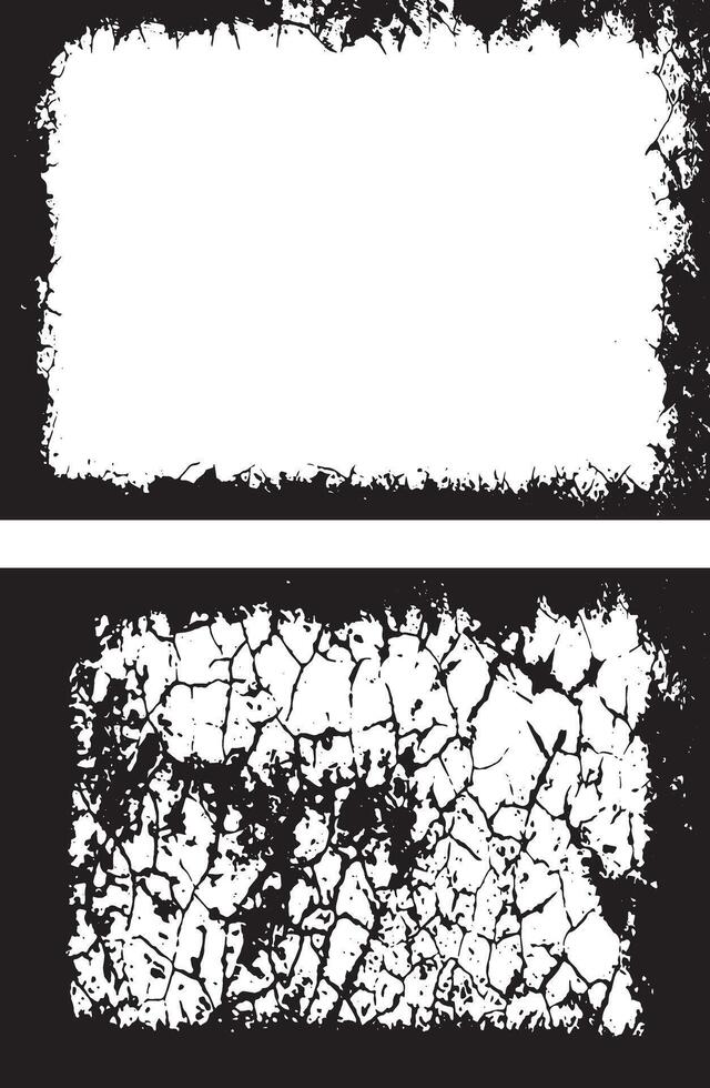 Black And White Dynamic Collection of Grunge Frame Designs, Featuring Two Rectangular Frames with Rough, Distressed Borders and Cracked, Fragmented White Centers for Artistic and Edgy Visual Displays vector