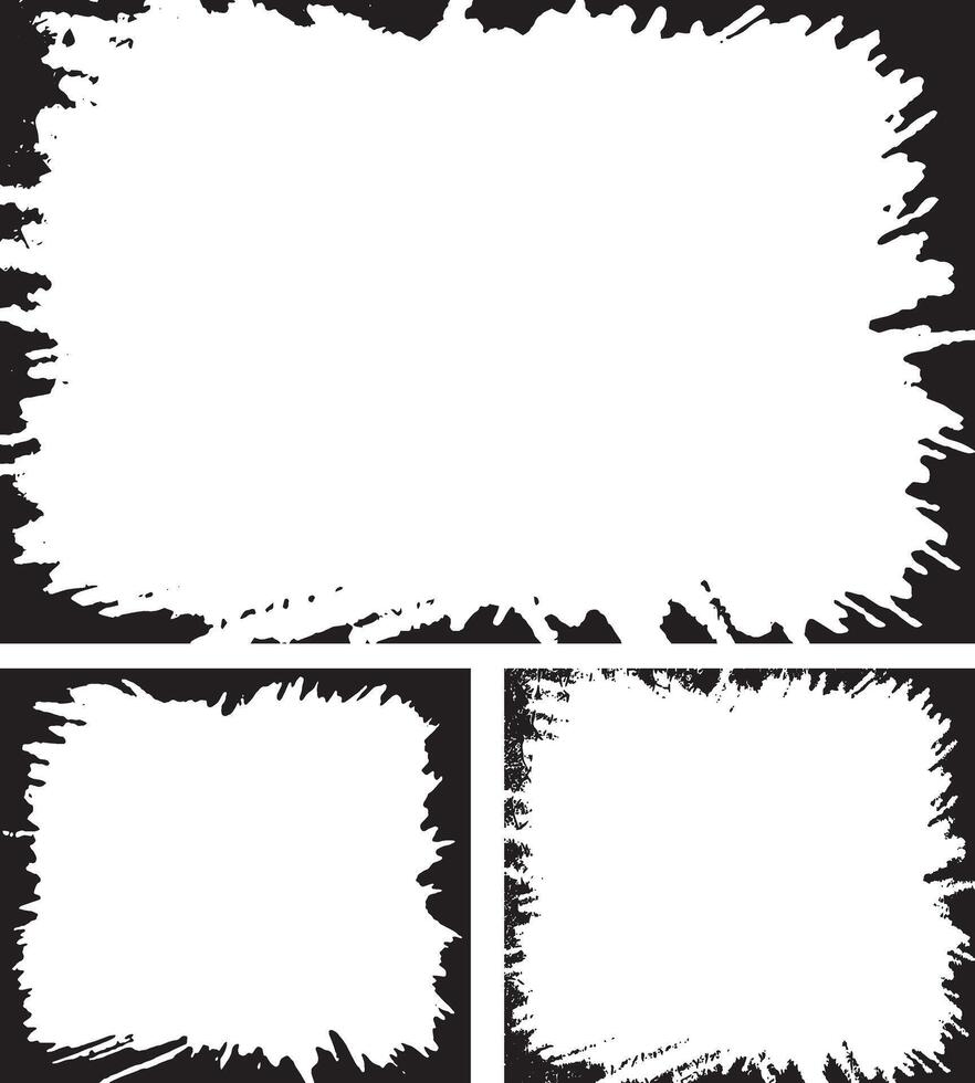 Edgy and Artistic Grunge Frame Collection, Featuring Three Unique White Rectangular Frames with Irregular, Splattered Edges for Dynamic and Creative Visual Displays vector