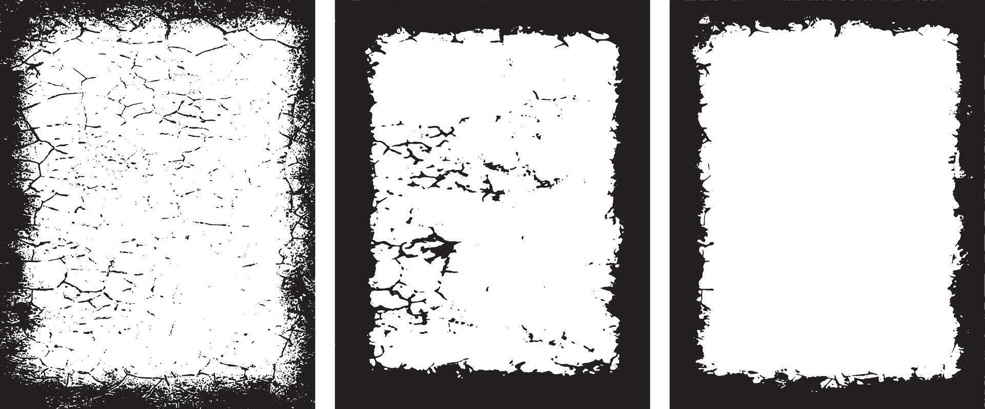three black and white frames with a crack in them, Intricately Detailed Grunge Photo Frame set, Distressed Vertical Rectangular Borders with Organic Cracked Patterns for Edgy and Artistic Displays vector