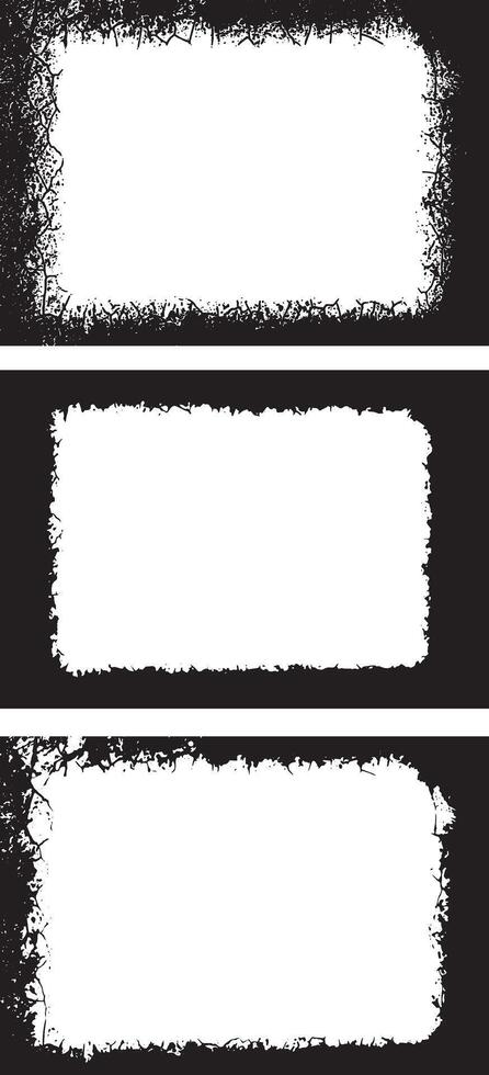 three black and white grunge frames with white paint, Vintage black and white Collection of Edgy Grunge Frame Designs, Featuring Intricate Patterns, Jagged Borders vector