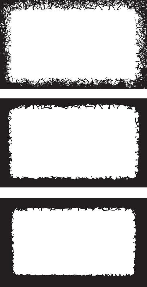 three black and white grunge frames with white paint, Vintage black and white Collection of Edgy Grunge Frame Designs, Featuring Intricate Patterns, Jagged Borders vector