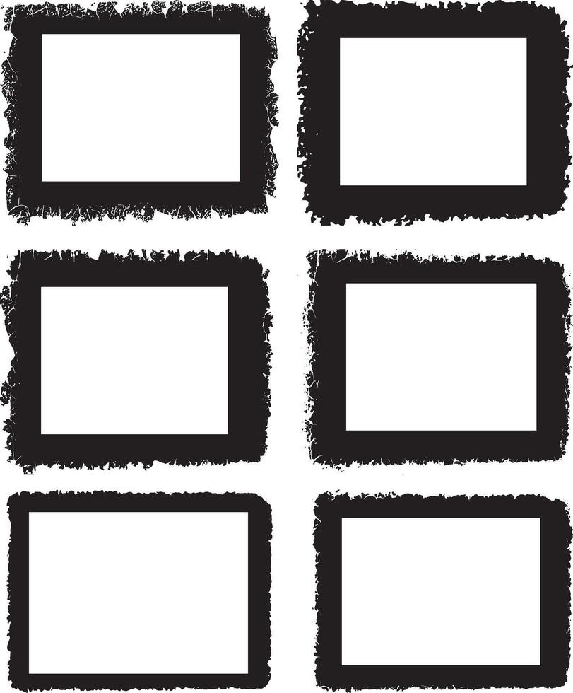 Intricately Distressed Grunge Frame Collection, A Set of Six Rectangular Frames Featuring Rough, Textured Borders with Black-and-White Interiors for Artistic and Edgy Visual Displays vector