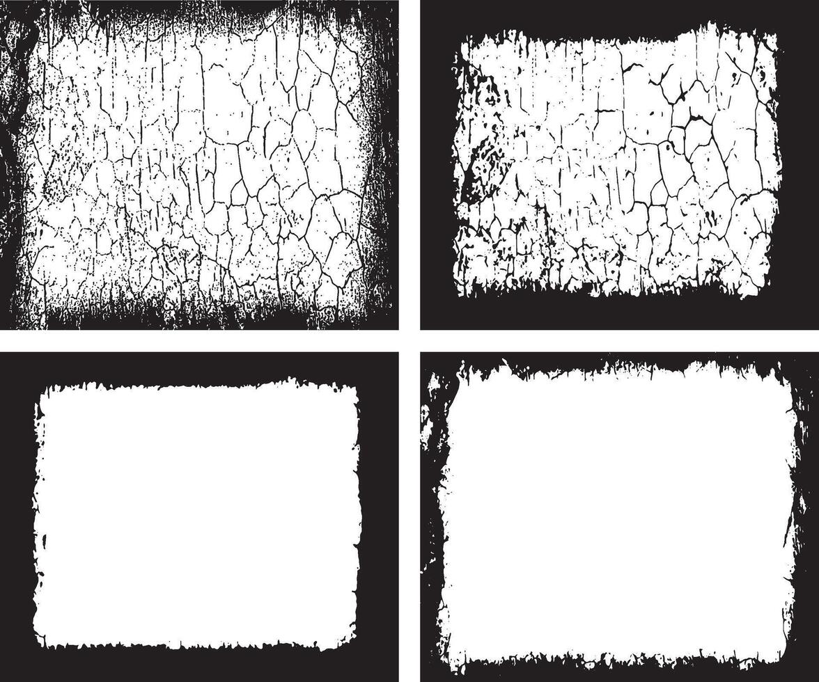 Dynamic Collection of Intricate Grunge Border Designs, Featuring Four Unique Rectangular Frames with Distressed Textures, Including Cracks, Splats, and Uneven Edges vector