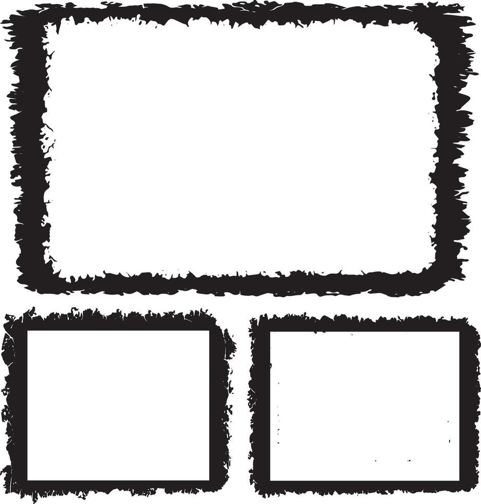 Dynamic Collection of Artistic Grunge Photo Frames, Featuring Three Rectangular Frames with Rough, Jagged Edges and Textured Black Borders for Edgy and Creative Visual Displays vector