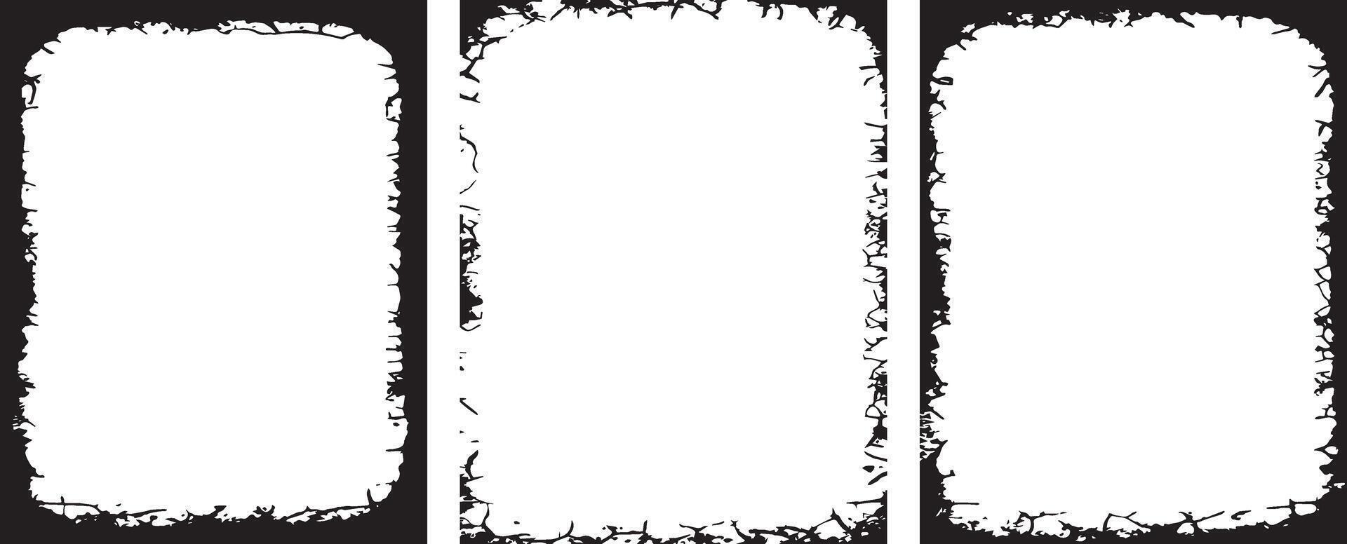 Grunge-Inspired Photo Frame Collection A Trio of Distressed, High-Contrast Borders for Artistic and Vintage Photography vector