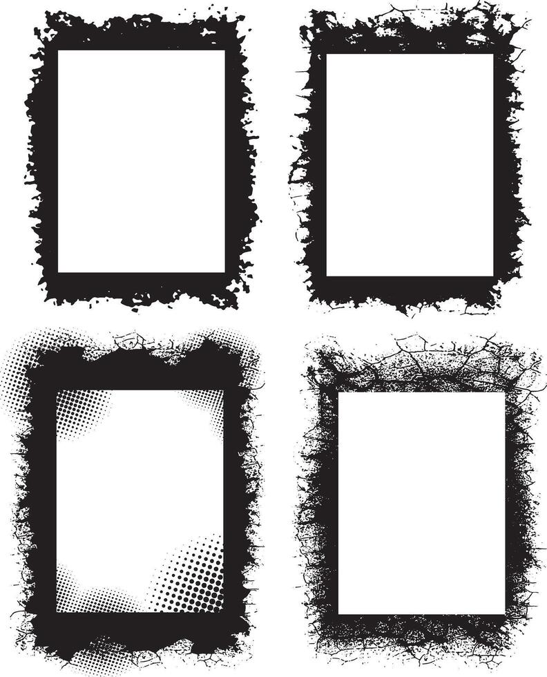Curated Set of Rustic Elegance grunge photo frame border with halftone dot trexture, Four Distinct Grunge Photo Frames with Unique Textures and Patterns vector