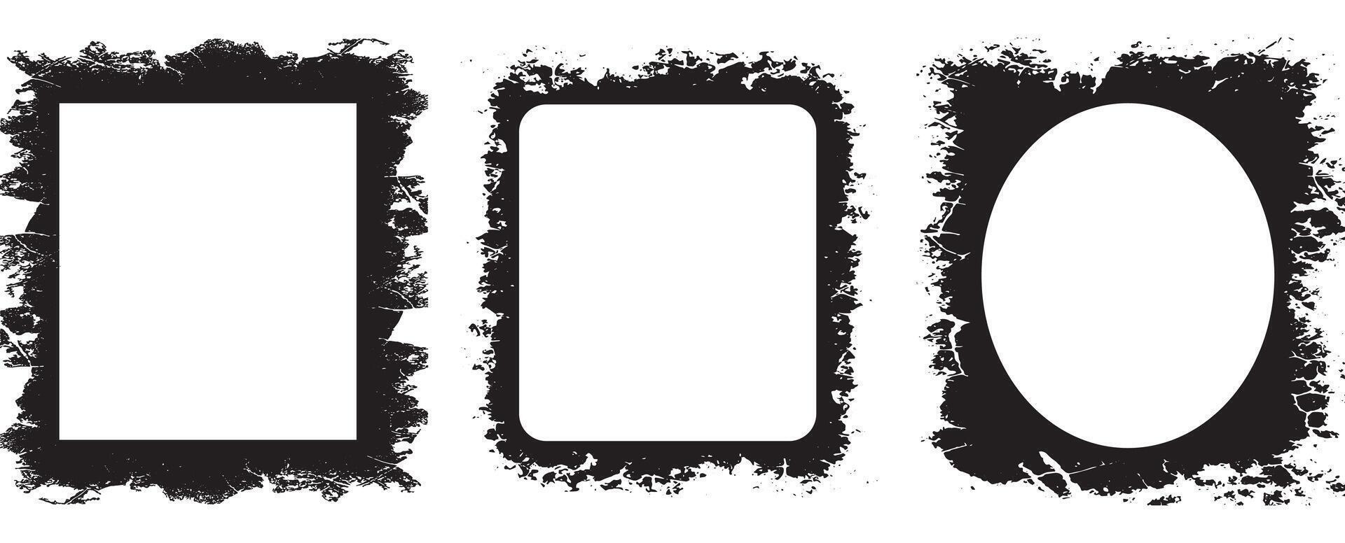 Artistic Collection of Grunge Photo Frames Featuring Distressed Rectangular, Rounded Rectangular, and Oval Designs with Rough, Splattered Borders for a Bold and Edgy Display, vector