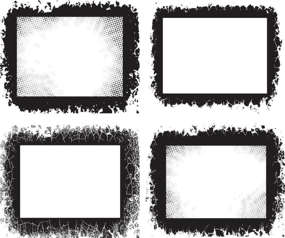 four black and white frames with grunge texture, Vintage Curated Set of Rustic Elegance grunge photo frame border with halftone dot texture, Four Distinct Grunge Photo Frames with Unique Textures vector
