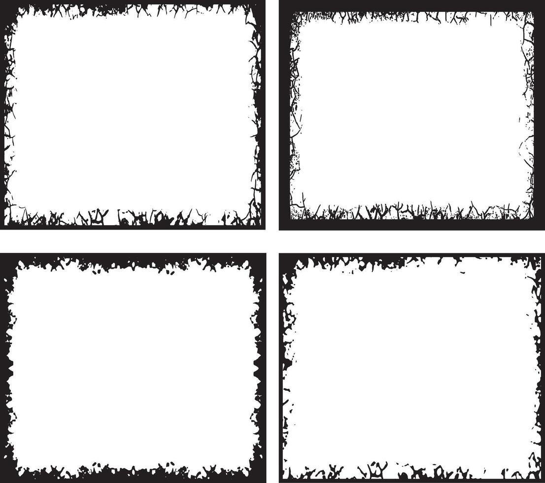 Edgy and Artistic Grunge Photo Frames A Collection of Four Unique, Distressed Borders Featuring Irregular, Jagged Edges and a Black-and-White Color Scheme for Creative Visual Projects vector