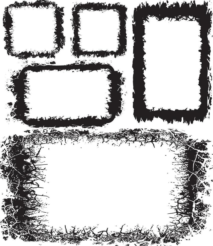 Artistic Collection of Five Distressed Grunge Photo Frames Featuring Unique, Textured Borders with Rough, Uneven Edges and Degradation for Vintage and Edgy Visual Displays vector
